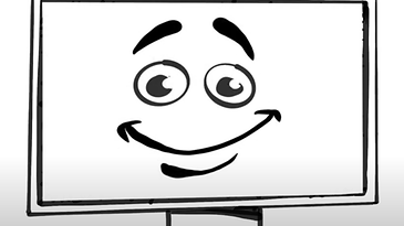 Ein Computerbildschirm mit Smiley als Gesicht im Comicstil.