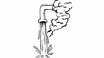 Ein Wasserhahn, aus dem Wasser und Dampf fließen im Comicstil.