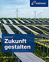 Solarenergieanlage und Windräder auf grüner Wiese, darüber "Zukunft gestalten" Text.