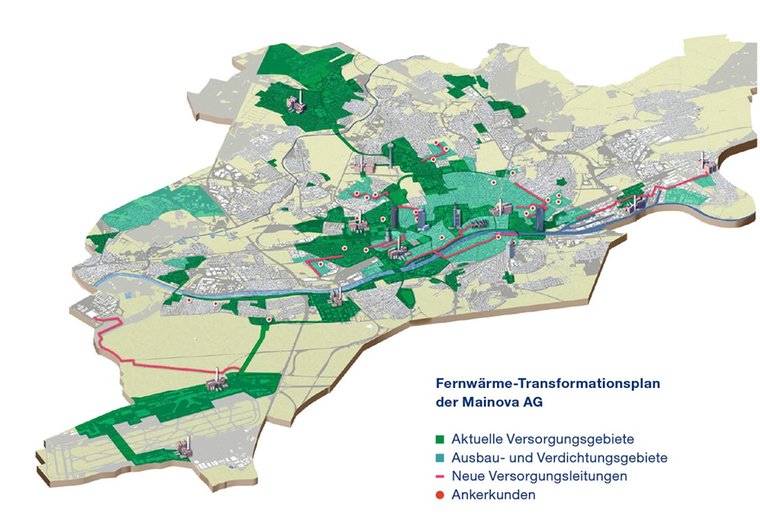 Karte des Stadtgebiets von Frankfurt mit Zonen für Fernwärmeversorgung