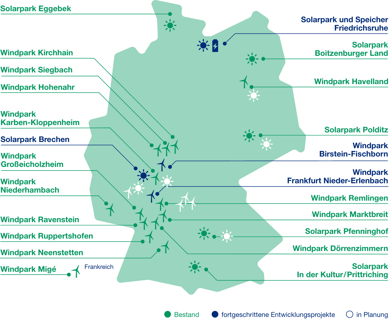 Karte mit Standorten von Solarparks und Windparks, symbolisiert durch Sonnen und Windräder.