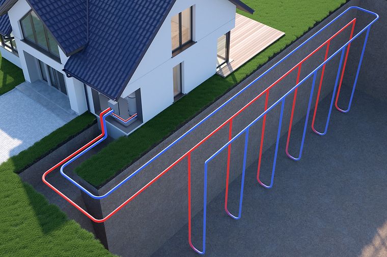 Illustration eines Haus mit Rohren aus einer vertikalen Erdwärmequelle