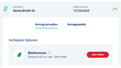 © Mainova Auswahl der ÖkoPremium-Option in der Vertragsübersicht