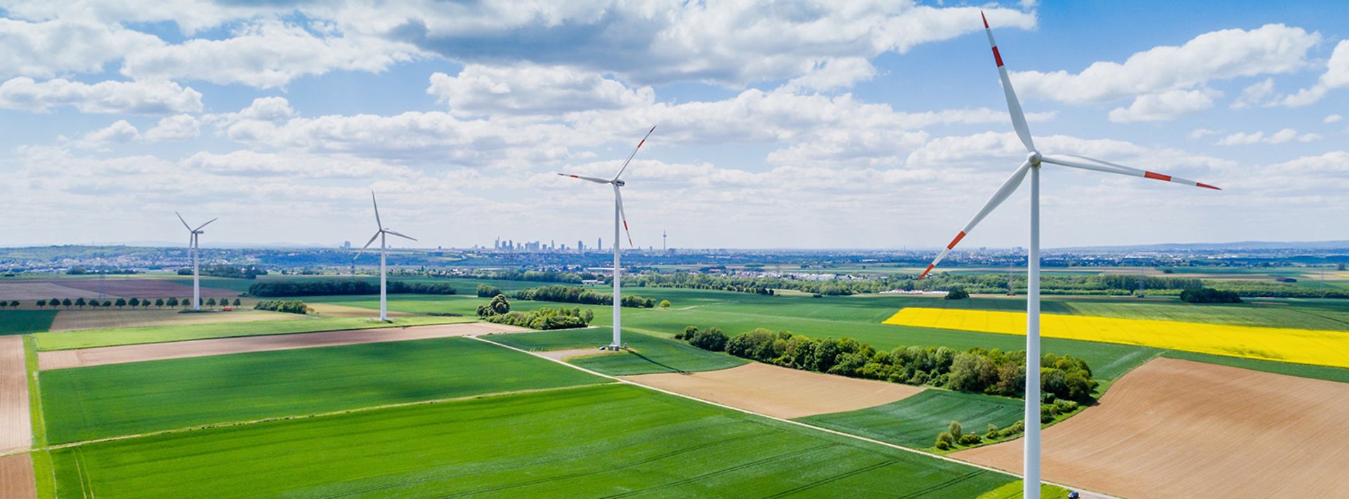 Vier große Windräder auf Wiesen und Ackern, im Hintergrund die Skyline von Frankfurt